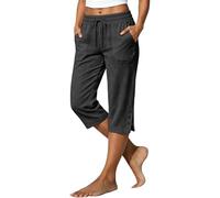 Cropped Trousers for Women UK - Capri Pants Ladies Petite Comfy Summer 3/4 Length Trousers Stretchy Drawstring Waist Split Leg Capris Bottom with Buttons and Pockets for Beach Holiday