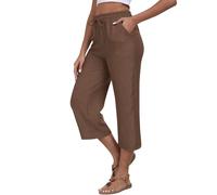 Cropped Trousers for Women UK Cotton Linen 3/4 Summer Palazzo Trousers Elastic Waisted Drawstring Capri Pants Casual Loose Wide Leg Vacation Ladies Lounge Pants with Pockets Sale Clearance