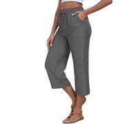 Cropped Trousers for Women UK Cotton Linen 3/4 Summer Palazzo Trousers Elastic Waisted Drawstring Capri Pants Casual Loose Wide Leg Vacation Ladies Lounge Pants with Pockets Clearance