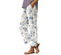 Cropped Trousers for Women UK Ladies Boho Patterned Floral Print Holiday Yoga Beach Pants Slacks Summer Casual Comfortable Elasticated Waist Wide Leg Lightweight Breathable Palazzo Trousers White