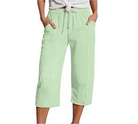 Cropped Trousers for Women UK Linen Summer Loose Petite Hiking Shorts Drawstring Elasticated Waist 3/4 Length Joggers Baggy Wide Leg Pants Ladies Casual Trouser with Pockets (A2-Light Green, XL)