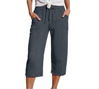 Cropped Trousers for Women UK Linen Summer Loose Petite Hiking Shorts Drawstring Elasticated Waist 3/4 Length Joggers Baggy Wide Leg Pants Ladies Casual Trouser with Pockets (A2-Dark Gray, L)