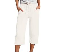 Cropped Trousers for Women UK Linen Summer Loose Petite Hiking Shorts Drawstring Elasticated Waist 3/4 Length Joggers Baggy Wide Leg Pants Ladies Casual Trouser with Pockets (A2-Beige, M)