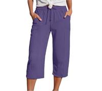 Cropped Trousers for Women UK Linen Summer Loose Petite Hiking Shorts Drawstring Elasticated Waist 3/4 Length Joggers Baggy Wide Leg Pants Ladies Casual Trouser with Pockets (A2-Dark Purple, L)
