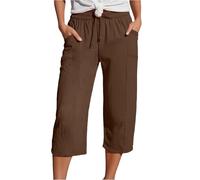 Cropped Trousers for Women UK Linen Summer Loose Petite Hiking Shorts Drawstring Elasticated Waist 3/4 Length Joggers Baggy Wide Leg Pants Ladies Casual Trouser with Pockets (A2-Brown, L)