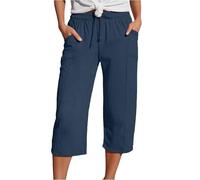 Cropped Trousers for Women UK Linen Summer Loose Petite Hiking Shorts Drawstring Elasticated Waist 3/4 Length Joggers Baggy Wide Leg Pants Ladies Casual Trouser with Pockets (A2-Dark Blue, XL)