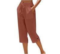 Cropped Trousers for Women UK - Linen Trousers Capri Petite Comfy Summer Three Quarter Length Pants Stretchy Drawstring Waist Straight Leg Lounge Yoga Beach Capris Pants with Pockets Bottoms Ladies