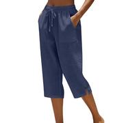 Cropped Trousers for Women UK - Linen Viscose Jersey Stretch Cheesecloth Linen Look Three Quarter Length 3/4 Length Pedal Pushers Culotte Style Palazzo Wide Leg Elastic Waist Dark Blue
