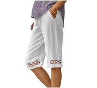 Cropped Trousers for Women UK Solid Color Comfy Loose Shorts Pants with Pockets Lace Wide Straight Leg Trousers Elasticated Waist Soft Cropped Trousers Summer Beach Pants White