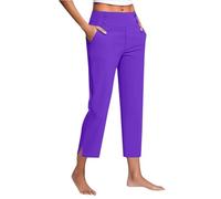 Cropped Trousers for Women UK Straight Leg High Waist Stretch Chino Pants 3/123 Length Regular Fit Casual Joggers with Pockets Ladies Elegant Soft Lightweight Office Workwear Purple XL