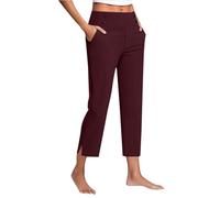 Cropped Trousers for Women UK Straight Leg High Waist Stretch Chino Pants 3/141 Length Regular Fit Casual Joggers with Pockets Ladies Elegant Soft Lightweight Office Workwear Burgundy XXL