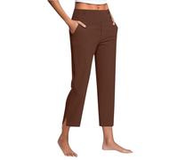 Cropped Trousers for Women UK Straight Leg High Waist Stretch Chino Pants 3/29 Length Regular Fit Casual Joggers with Pockets Ladies Elegant Soft Lightweight Office Workwear Brown XXL