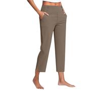 Cropped Trousers for Women UK Straight Leg High Waist Stretch Chino Pants 3/51 Length Regular Fit Casual Joggers with Pockets Ladies Elegant Soft Lightweight Office Workwear Coffee XL