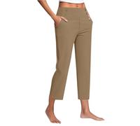 Cropped Trousers for Women UK Straight Leg High Waist Stretch Chino Pants 3/83 Length Regular Fit Casual Joggers with Pockets Ladies Elegant Soft Lightweight Office Workwear Khaki XL