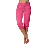 Cropped Trousers for Women UK Straight Leg Joggers Cuffed Cargo Trousers Drawstring Sweatpants Baggy Capri Trouser Elastic Waist Ladies Summer Trouser Capri Pants with Pockets Hot Pink, XXXL