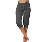 Cropped Trousers for Women UK Straight Leg Joggers Cuffed Cargo Trousers Drawstring Sweatpants Baggy Capri Trouser Elastic Waist Ladies Summer Trouser Capri Pants with Pockets Dark Gray, XL