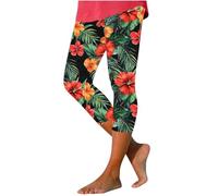 Cropped Trousers for Women UK Summer Slim Fit Elastic Waist Ladies Leggings Gym Running Activewear Petite Sports Workout Yoga Capri Pants Casual Floral 3/4 Trousers