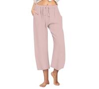 Cropped Trousers for Women UK Summer Solid Color Elasticated Waist Trouser Ladies Linen 3/4 Length Trousers Straight Wide Leg Lounge Pants with Pockets Lightweight Comfy Casual Work Bottoms