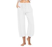Cropped Trousers for Women UK Summer Solid Color Elasticated Waist Trouser Ladies Linen 3/4 Length Trousers Straight Wide Leg Lounge Pants with Pockets Lightweight Comfy Casual Work Bottoms