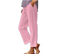 Cropped Trousers Women, Cotton Linen Trousers Womens UK Solid Color Elasticated Waist Trouser Ladies Summer Lounge Pants Plain Loose Fit Capri Pant Casual Straight Leg Bottoms with Pockets