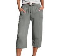 Cropped Trousers Women Ladies Linen Drawstring Elasticated Waist 3/4 Length Joggers Summer Loose Petite Hiking Shorts Baggy Wide Leg Pants Casual Trouser with Pockets Grey