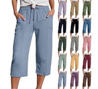 Cropped Trousers Women Ladies Linen Drawstring Elasticated Waist 3/4 Length Joggers Summer Loose Petite Hiking Shorts Baggy Wide Leg Pants Casual Trouser with Pockets