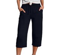 Cropped Trousers Women Ladies Linen Drawstring Elasticated Waist 3/4 Length Joggers Summer Loose Petite Hiking Shorts Baggy Wide Leg Pants Casual Trouser with Pockets