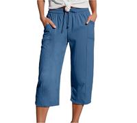 Cropped Trousers Women Linen Summer Loose Petite Hiking Shorts Drawstring Elasticated Waist 3/4 Length Joggers Baggy Wide Leg Pants Ladies Casual Trouser with Pockets Solid Color Ladies Capri Pants