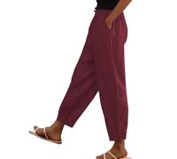 Cropped Trousers Women, Linen Trousers Womens Petite Summer Elasticated Waist Short Leg Loose Cotton 3/4 Lounge Pants Plain Capri Casual Straight Leg Bottoms with Pockets Wine Red L