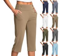 Cropped Trousers Women Summer Petite 3/4 High Waist Stretch Ladies Capri Pants Casual Smart Tailored Suit Trousers Straight Leg Yoga Work Office Dress Pants with Pockets UK Sale Clearance