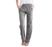 Cropped Trousers,Womens Linen Trousers with Button Pockets Loose Straight Lounge Pants Drawstring Elastic High Waist Summer Causal Work Trousers Lightweight Plus Size Pant Grey