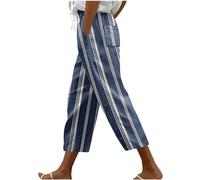 Cropped Trousers Womens Striped Printed Pants Plain 3/4 Length Lounge Sweatpants Drawstring Elasticated High Waist Capri Straight Leg Bottoms Summer Solid Color Outdoor Pants with Pockets