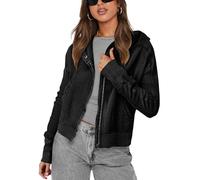Cropped Zip Up Hoodie Women Waffle Knit Fall Hooded Pullover Long Sleeve Full Zip Patchwork Jacket With Side Pockets(Black,S)