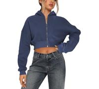 Cropped Zip Up Hoodies For Women Full Zip Fleece Long Sleeve Hooded Sweatshirt Y2K Streetwear Gym Workout Jacket(Gray Blue,S)