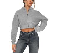Cropped Zip Up Hoodies For Women Full Zip Fleece Long Sleeve Hooded Sweatshirt Y2K Streetwear Gym Workout Jacket(Flower Gray,S)