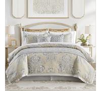 CROSCILL King Comforter Set, Luxe Chenille Jacquard Floral Medallion, Microfiber Twill Comforter for a King-Size Bed, Oversized Comforter King Bedding, 2 Shams & Bedskirt, Loretta, Beige 4 Piece