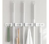 croselyu Wall Mounted Broom and Mop Holder White Aluminum+ABS Storage Rack Non-Marking Organiser with Multiple Hooks for Cleaning Tools,1 pce (Triple clip)
