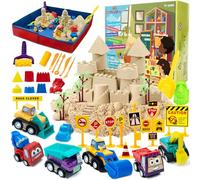 CROSOFMI Play Sand for Kids 2lbs Magic Sand with 6 Construction Vehicles 10 Road Signs and Foldable Sandbox and Moulds and Tools Toys for Boys Girls 3 4 5 6 7+ Year Old