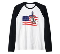 Cross American US Flag Christian Faith Patriotic 4th of July Raglan Baseball Tee