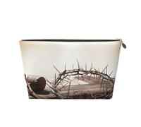 Cross and Crown of Thorns Leather Cosmetic Bag - Large Capacity Portable Travelling Toiletry Bag, Suitable for Daily and Travelling Use