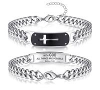 Cross Bracelet Cuban Link Chain for Men Easter Basket Stuffers for Teens Mens Christian Gifts Adjustable Faith Baptism Communion Confirmation Stainless Steel Jewlery for Him, Adjustable, Metal, No