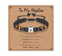 Cross Bracelet Gifts for Boys, Black Natural Stone Bead Bracelet with Stainless Steel Cube Cross, Birthday Graduation Valentines Christmas Christian Gift for Son Grandson Nephew Brother Cousin