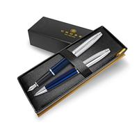 Cross Calais Fountain Pen and Ballpoint Pen Set - Premium Box - Choose Colour - Gifting for Birthday or Anniversary (Blue with Chrome Trim)