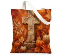 Cross Canvas Tote Bag for Women, Fall Rustic Pumpkins Maple Leaf Fall Orange Washable Reusable Market Tote Bags Ideas for Outdoor Travel Workday Reading 13x15 Inch