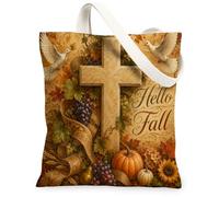 Cross Canvas Tote Bag for Women, Fall Vintage Pumpkins Grapes Fall Brown Washable Reusable Small Tote Bags Ideas for Travel, Brown, 13x15 Inch