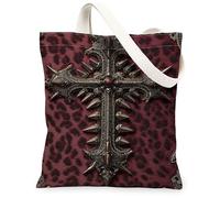 Cross Canvas Tote Bag for Women, Gothic Edgy Spikes Leopard Print None Burgundy Washable Reusable Aesthetic Tote Bag Ideas for Shopping Trips Office Library Casual 13x15 Inch