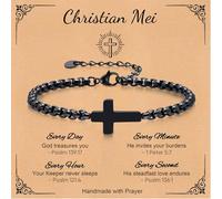 Cross Chain Bracelets for Men Women, Black Stainless Steel Cross Charms Men's Bracelet, Faith Religious Easter Catholic Christian God Jesus Communion Baptism Jewelry Gift with Card (Christian Mei)