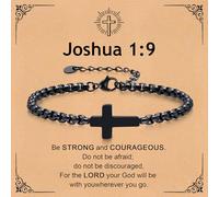 Cross Chain Bracelets for Men Women, Black Stainless Steel Cross Charms Men's Bracelet, Faith Religious Easter Catholic Christian God Jesus Communion Baptism Jewelry Gift with Card (Joshua 1:9)