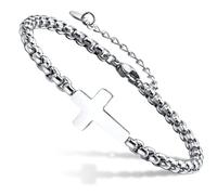 Cross Chain Bracelets for Men Women, Silver/Black Stainless Steel Cross Charms Men's Bracelet, Faith Religious Easter Catholic Christian God Jesus Communion Baptism Jewelry Gift Mens Link Bracelet