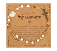 Cross Charm Bracelet, Gold White Virgin Mary Cross Chain Bracelets with Inspirational Card Christian Jewelry Gifts Religious Rosary Beads Catholic Bracelets for Women